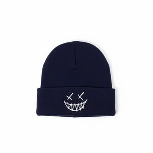 HOOLIGAN Knit Beanie Cap Hat Navy Blue White Stitch Detail Unisex Poly